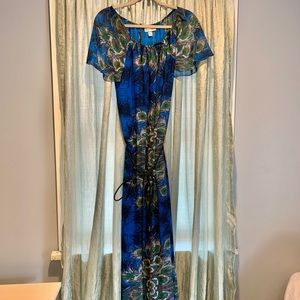 Beautiful Nicole Richie Long Peacock Maxim Dress With braided belt